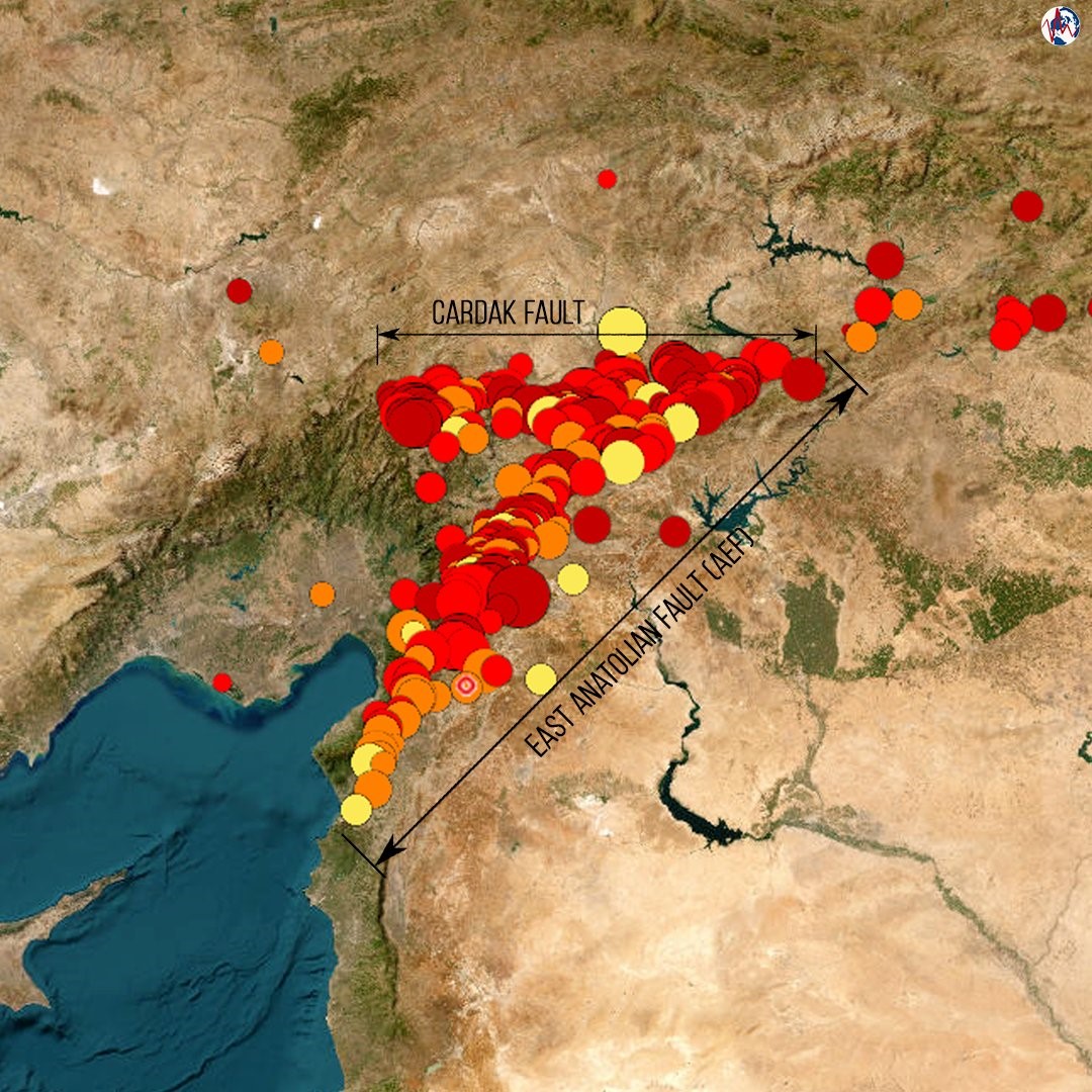 Carte avec l'ensemble des séismes du 6 février 2023